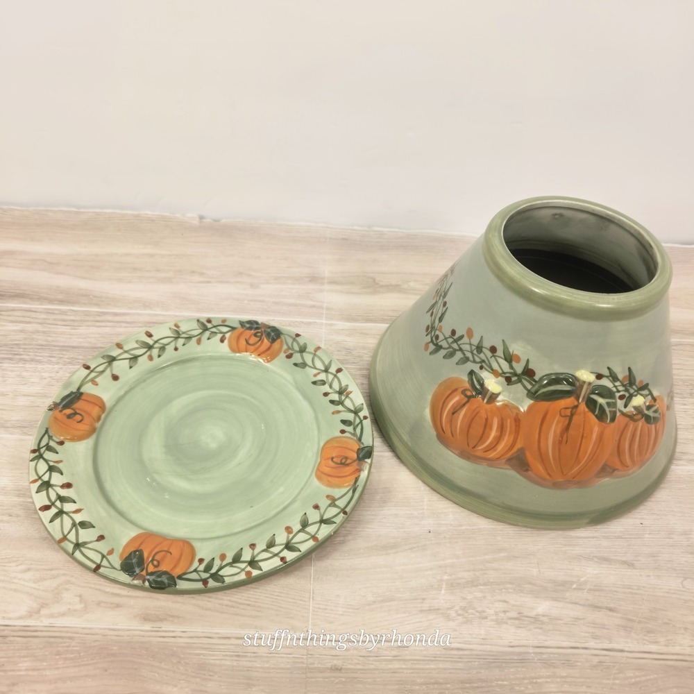 Ceramic Harvest Autumn Pumpkin Candle Jar Topper and Plate Set Farmhouse Country